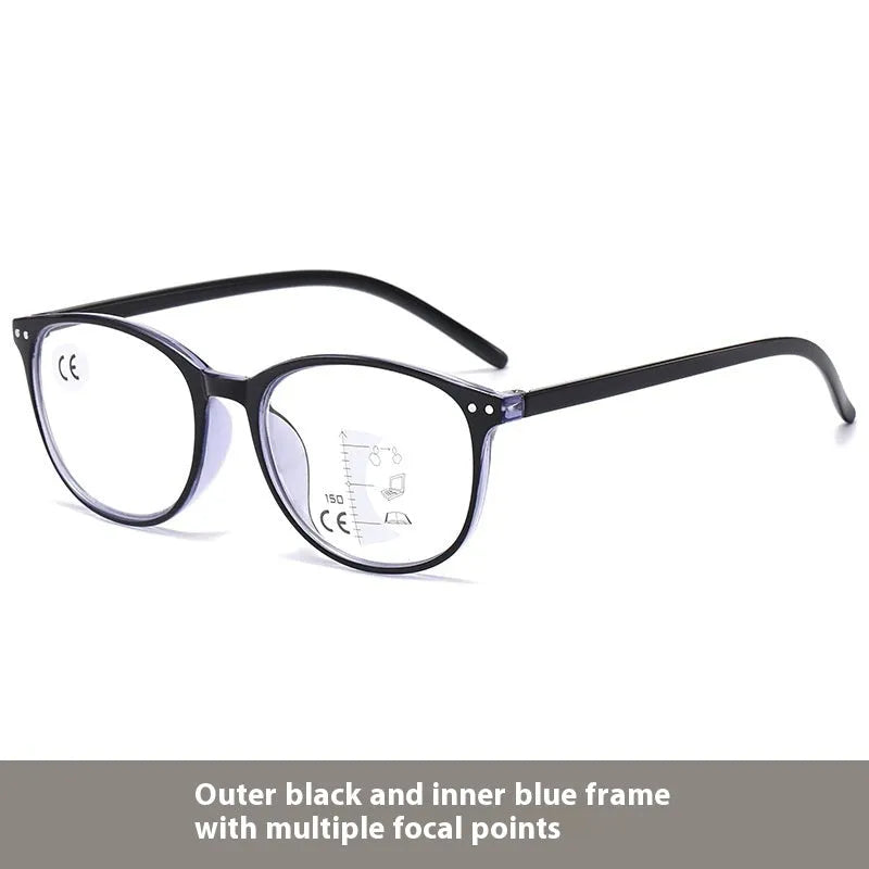 Woman wearing ultra-light multi-focus reading glasses in a Champagne Box frame colour, suitable for presbyopic vision correction.