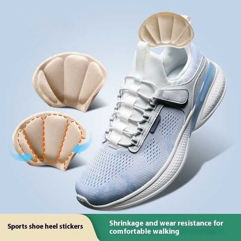 Three pairs of camel-coloured suede anti-slip heel cushion pads for sneakers.