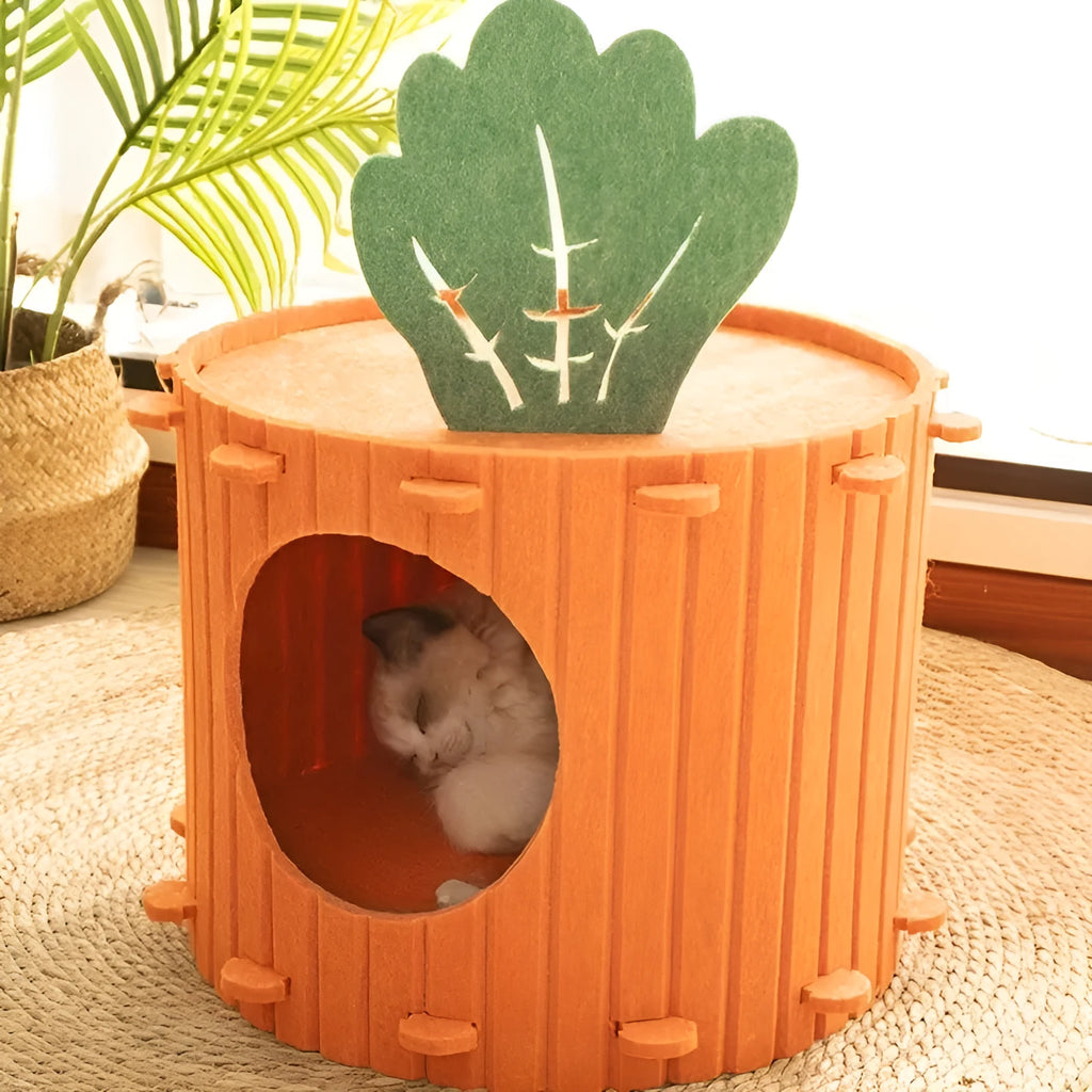 Carrot-shaped felt cat tunnel nest with semi-enclosed drilled design in various colours