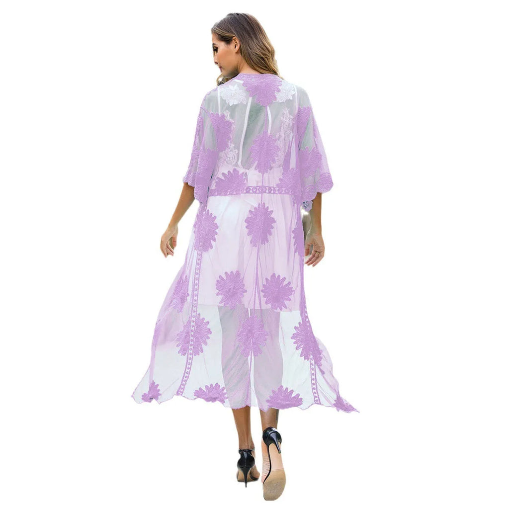 Light purple cotton women's beach dress with lace embroidery detail.