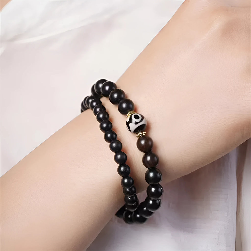 Ebony Tibetan beads bracelet with 8mm wood beads in two-circle design