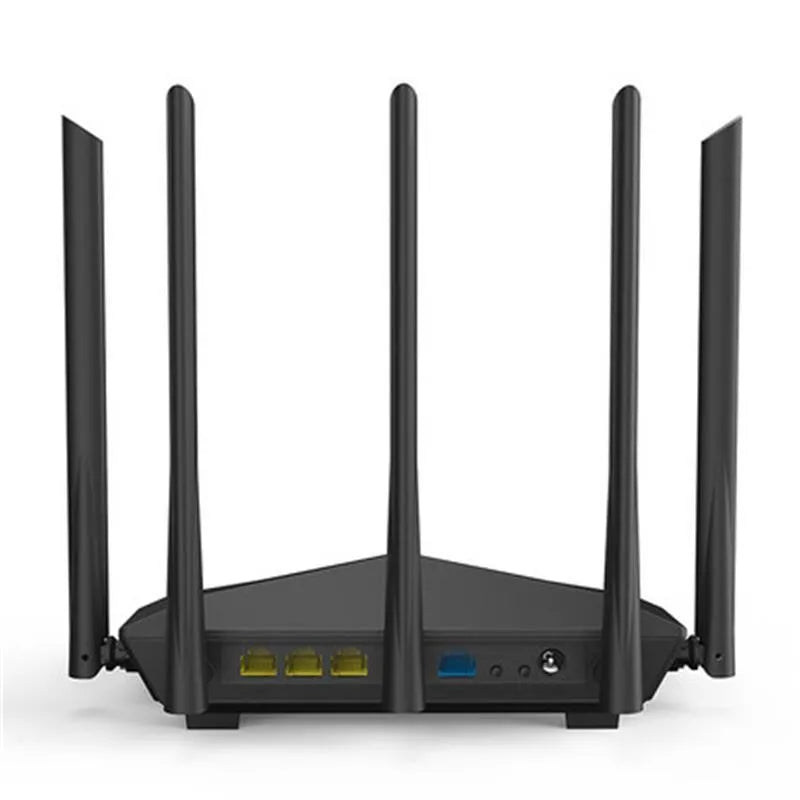 Black AC11 wireless router with four gigabit ports, shown with dimensions 220x141.5x49mm