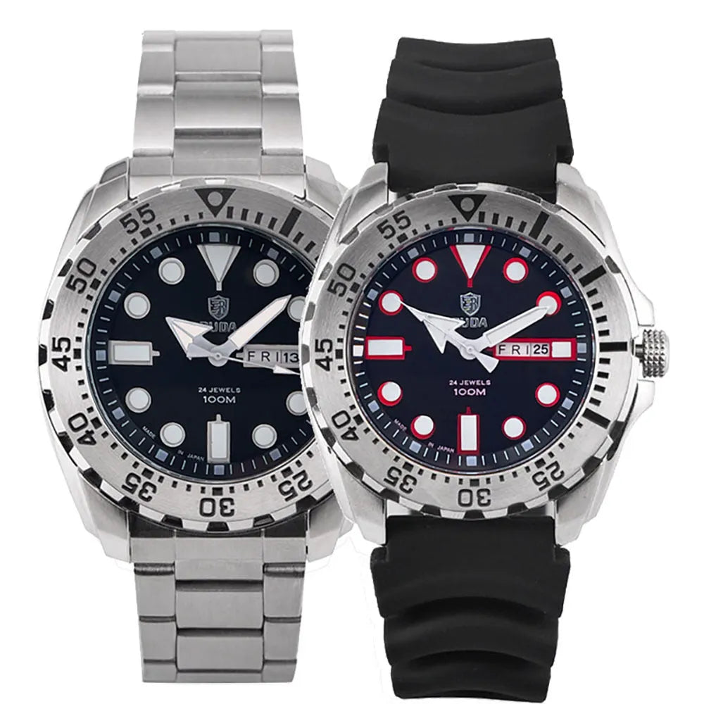 Waterproof men's sports watch with luminous quartz movement showing blue dial and steel strap option