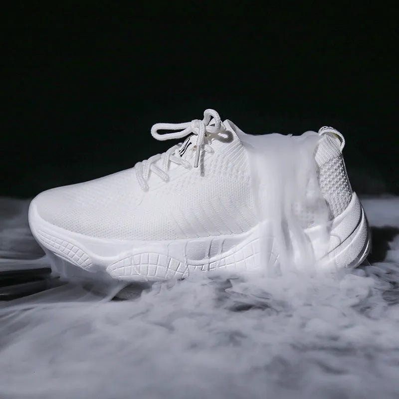 Women's white casual sports shoes with woven upper and thick rubber sole