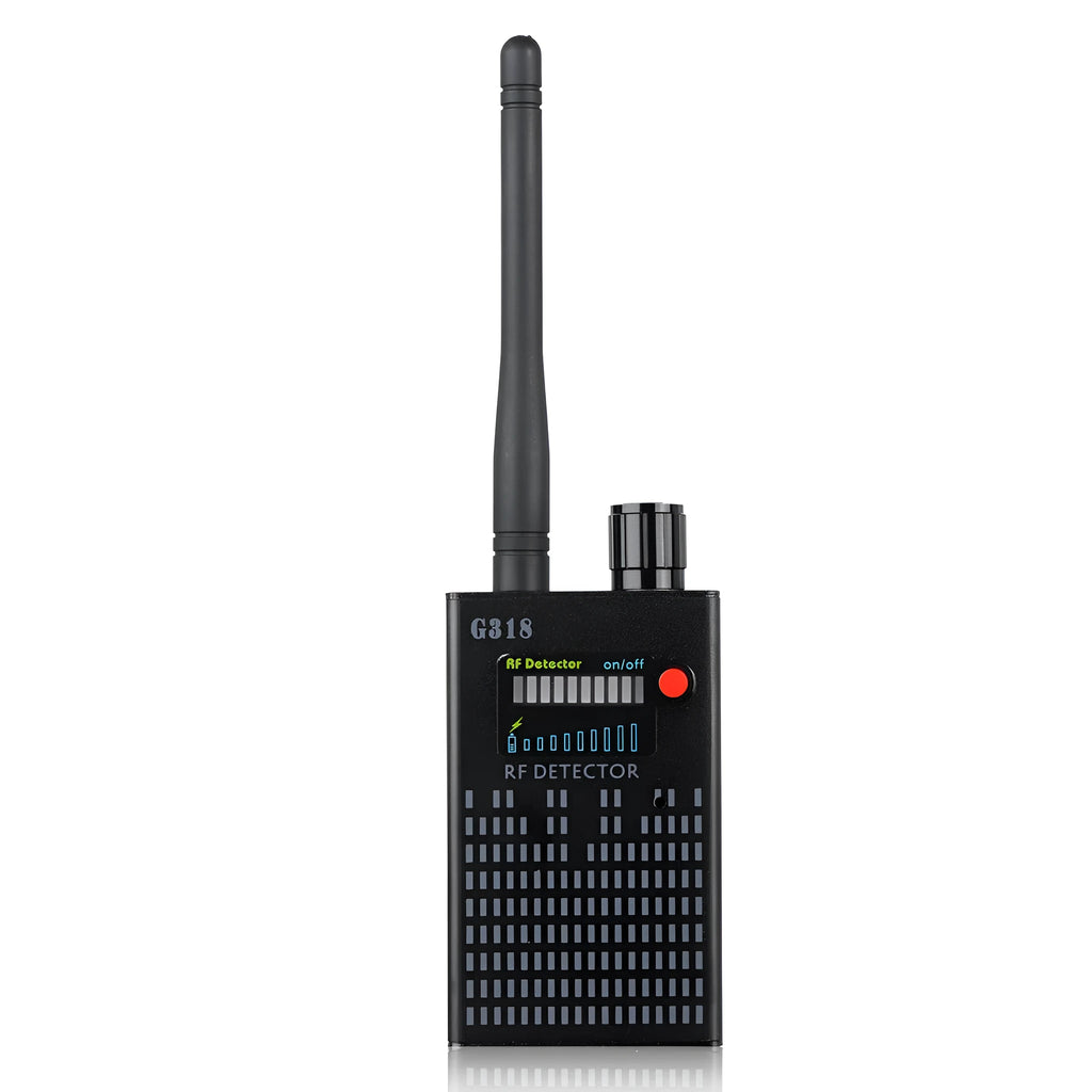 Black G318 anti-theft camera detector with aluminum alloy body measuring 102mm length