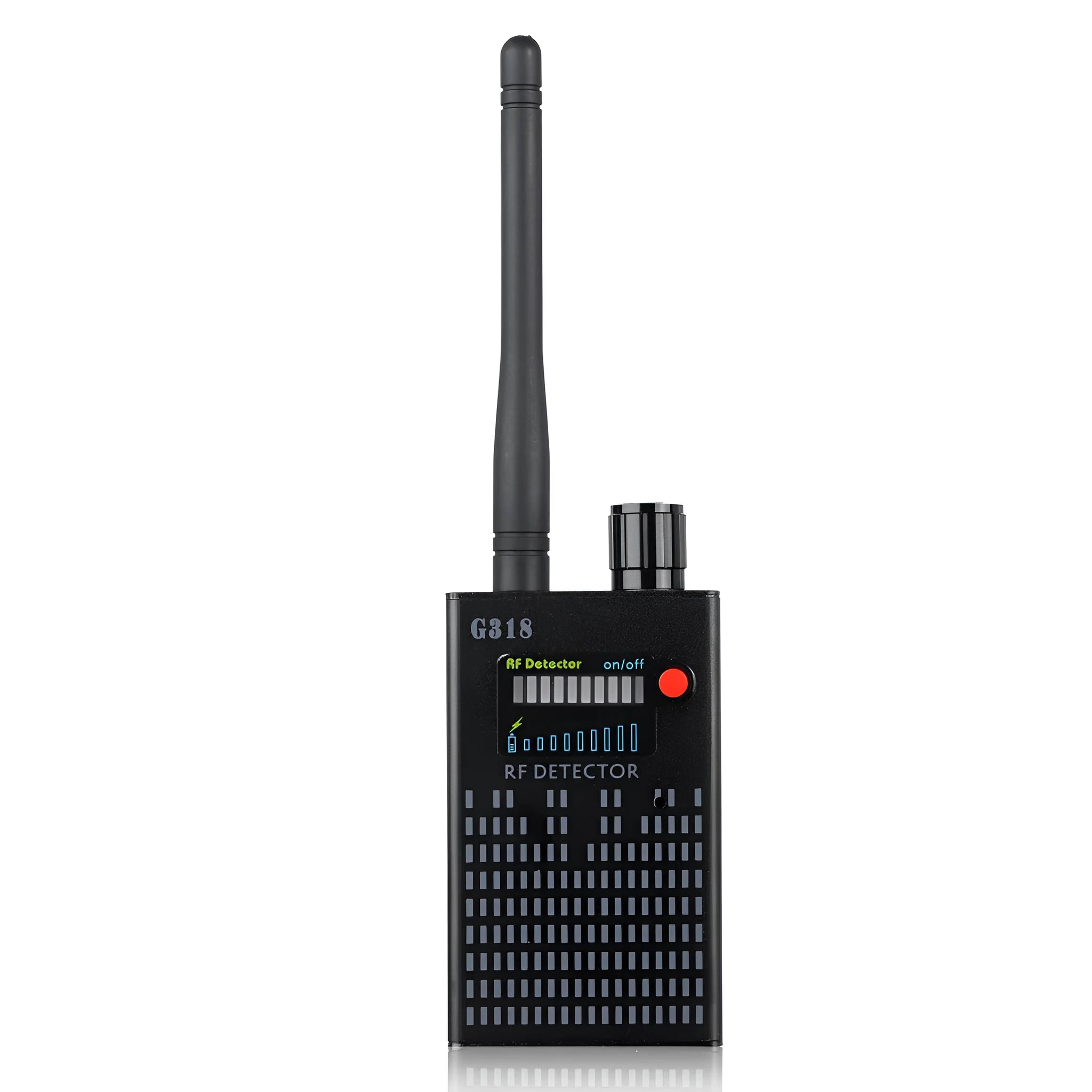 Black G318 anti-theft camera detector with aluminum alloy body measuring 102mm length