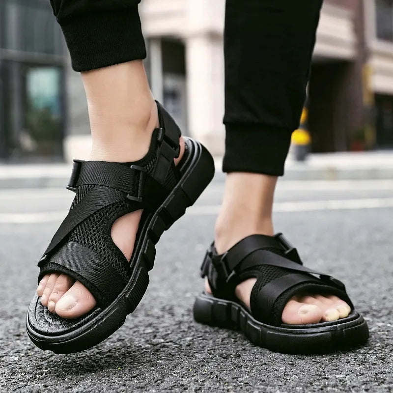 Men's black hair slippers with Velcro closure and open toe for summer beach wear