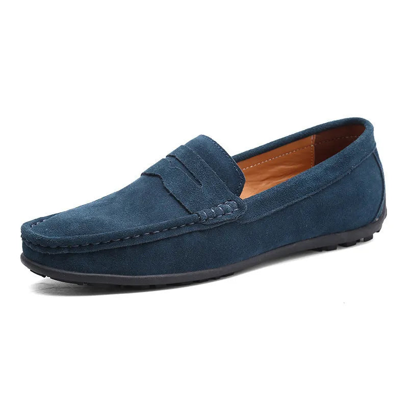 Men's suede Gommino loafers in plus sizes on a flat rubber sole, shown in a colour option.