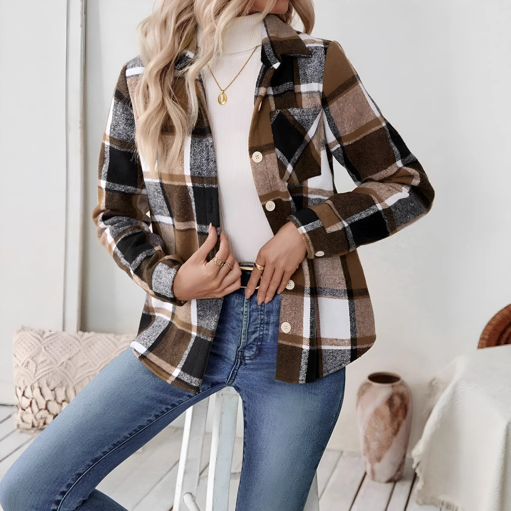 Woolen woven plaid button shirt collar jacket top in brown, front view, with pocket detail, polyester construction