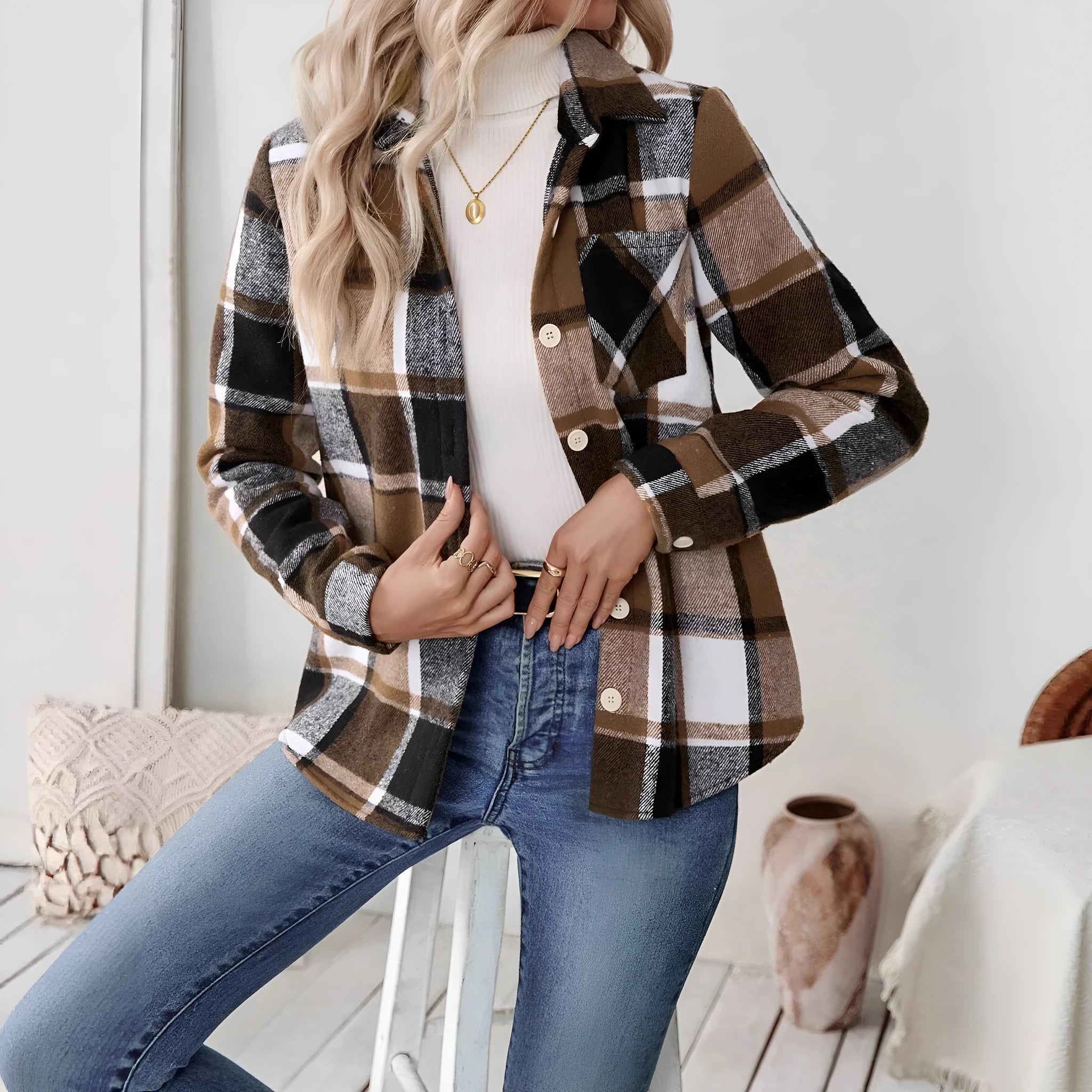 Woolen woven plaid button shirt collar jacket top in brown, front view, with pocket detail, polyester construction