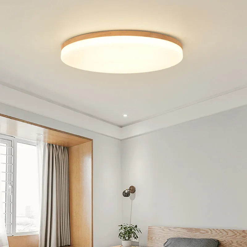 Japanese minimalist LED ceiling lamp with natural wood art body and acrylic lampshade in three size options