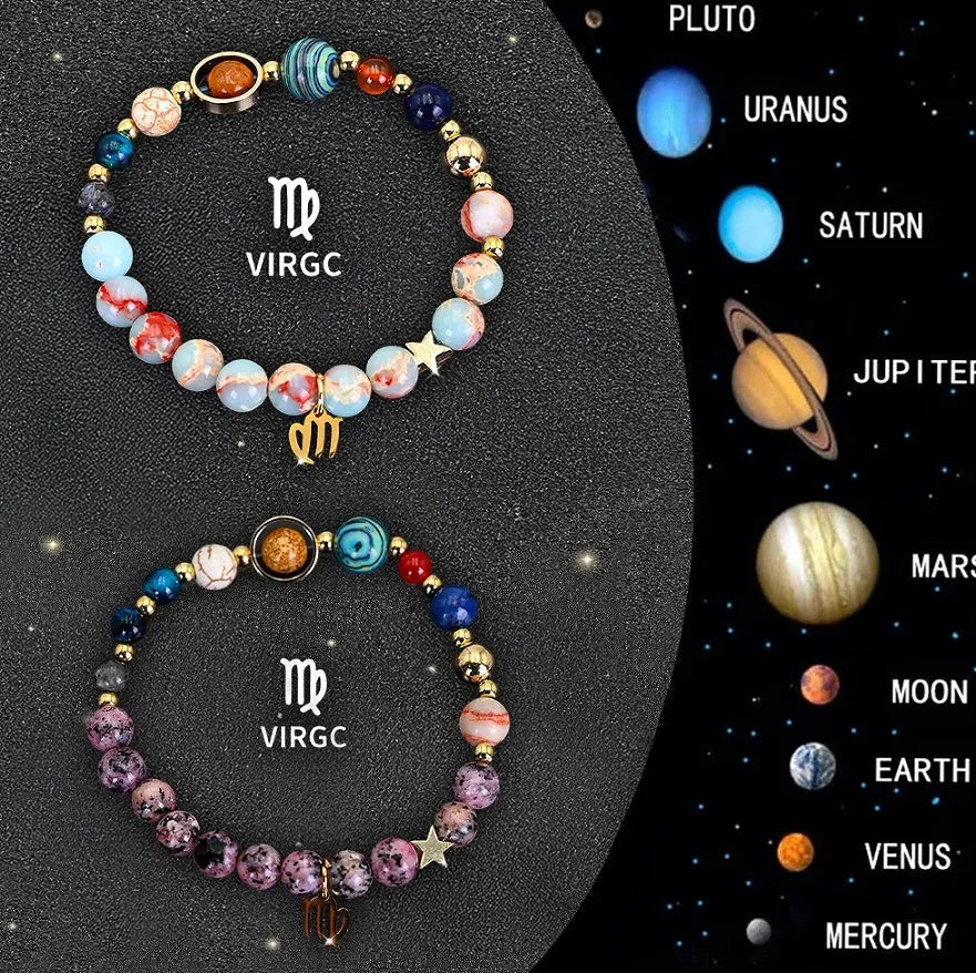 Set of two natural stone beaded bracelets showing zodiac sign designs on elasticated cords