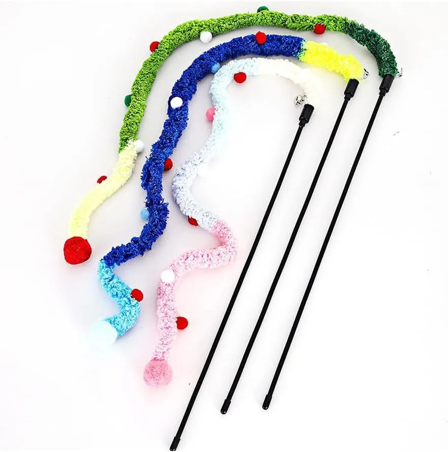 Interactive cat wand toy with colourful fluffy ball and bell on 60cm plush strip