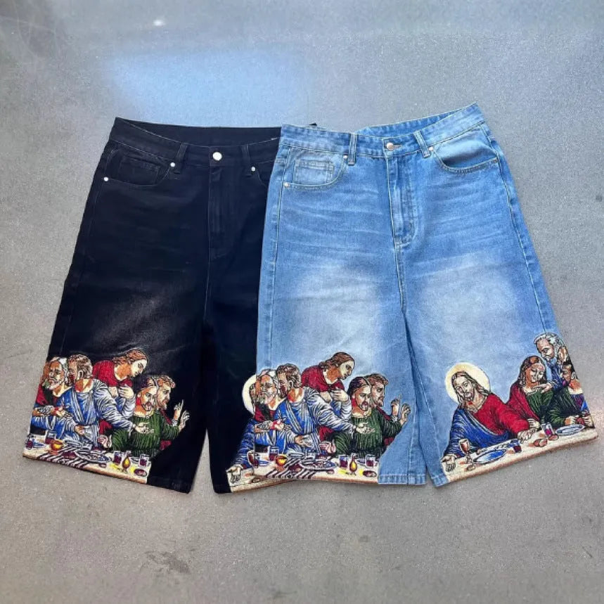 Blue cotton tapered men's shorts with a Jesus print on the back pocket.