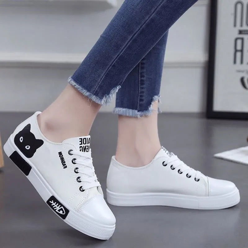 Pink cat fish canvas shoes for women, lace-up flat style with cotton upper
