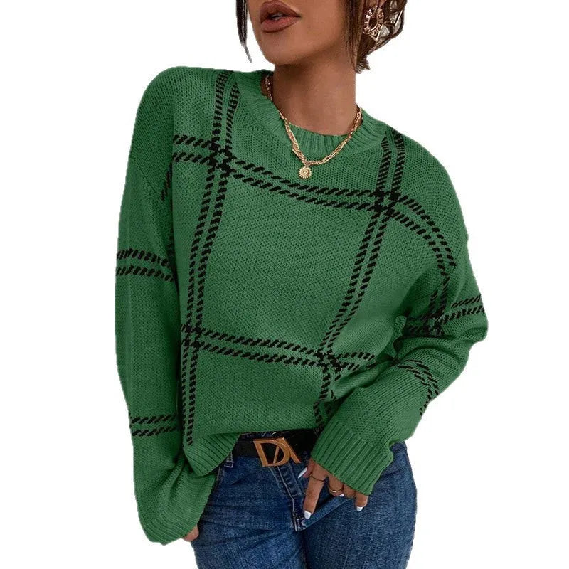 Women's plaid colour-block crew neck acrylic sweater in loose fit style