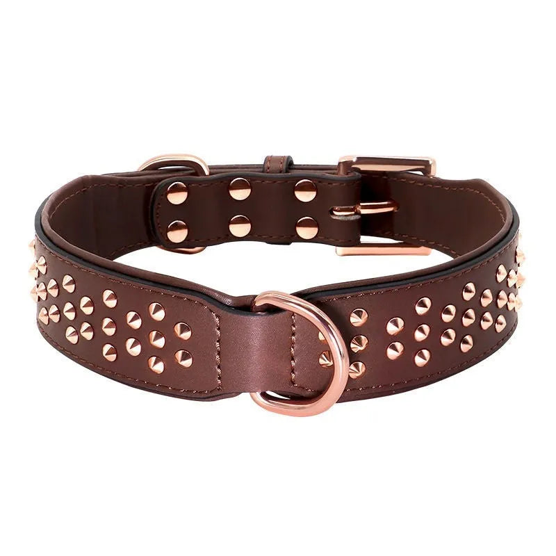 Black leather dog collar with metal anti-bite rivets, shown with chocolate and pink colour options.
