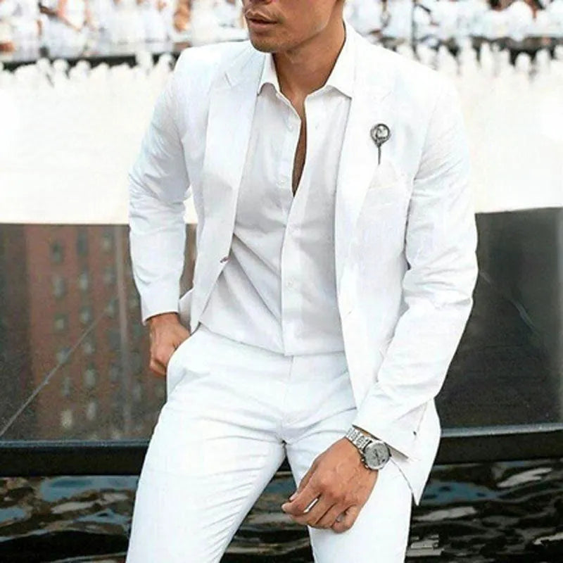 Men's white slim fit two-piece wedding suit in cotton blend fabric