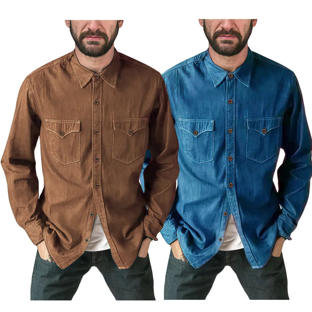 Men's regular fit cotton denim cardigan coat in khaki, shown open as a layering piece.
