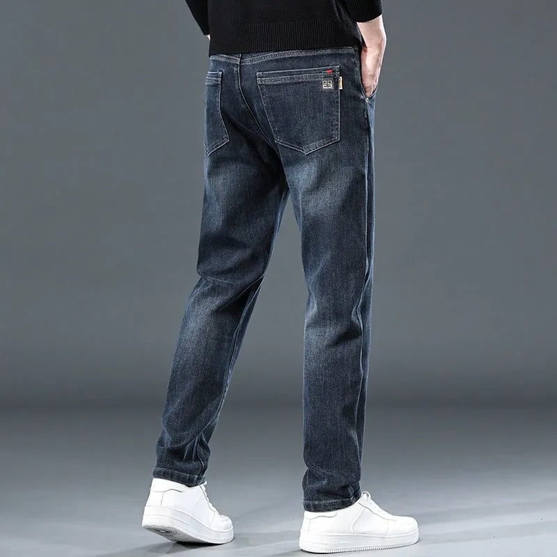 Men's slim straight polyester trousers with micro elasticity in blue grey or black