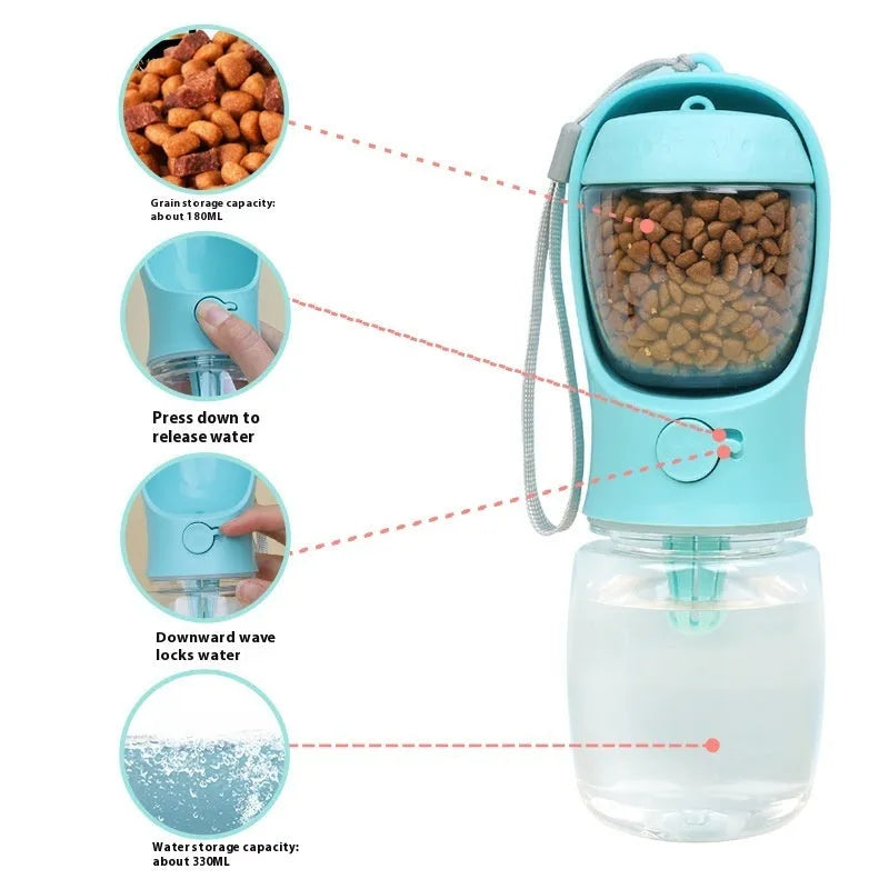 Blue portable dog water bottle with a collapsible bowl extended, showing the two-in-one design.