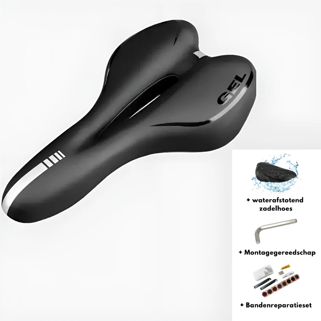 Bicycle saddle silicone gel cushion with PU leather cover, waterproof cover, wrench, and tyre repair kit.