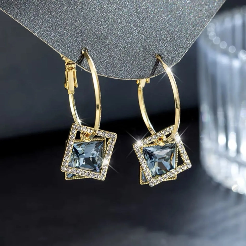 Square inlaid zircon earrings for women, copper plated gold with 925 silver needle, geometric quadrilateral shape, fashion OL style