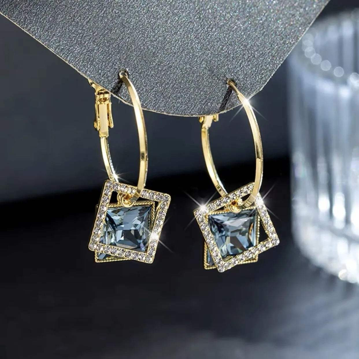 Square inlaid zircon earrings for women, copper plated gold with 925 silver needle, geometric quadrilateral shape, fashion OL style