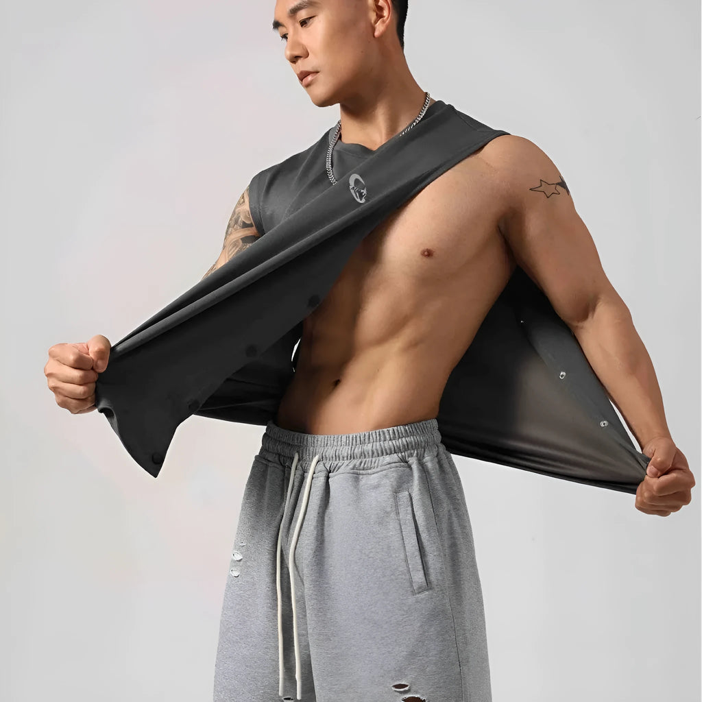 Korean style cotton fitness vest with hidden hook side openings in black colour