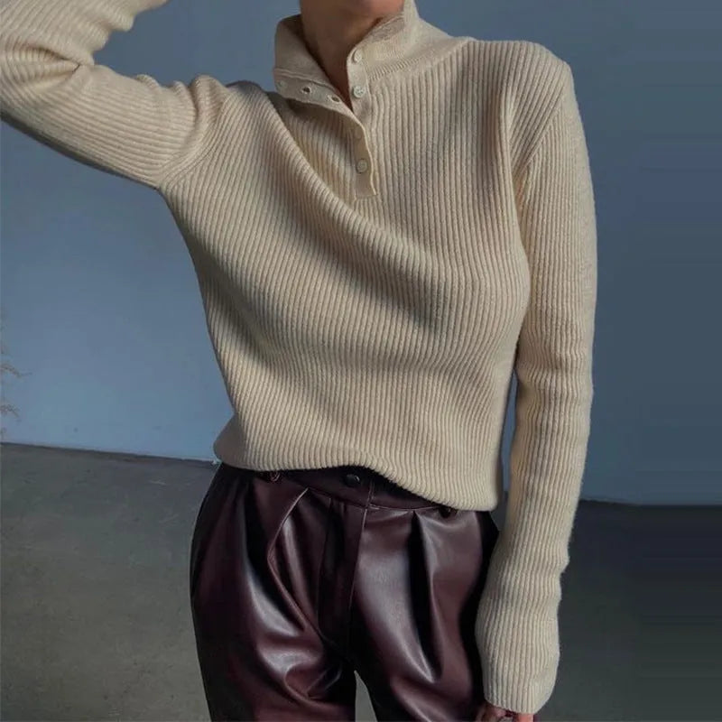 Women's silver grey half turtleneck pullover sweater with a single-breasted placket front.