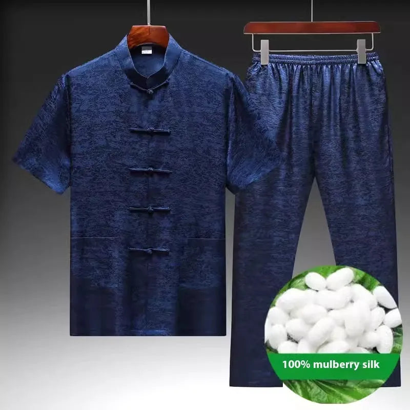 Traditional Chinese mulberry silk Tang suit for middle-aged men in light green colour