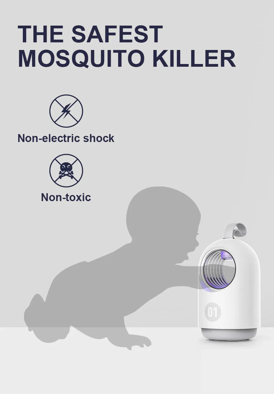 White and blue portable mosquito killer lamp with UV light, fan, and carry handle