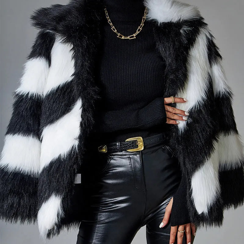Faux fur coat with contrast colour lapel and removable fur collar in picture colour