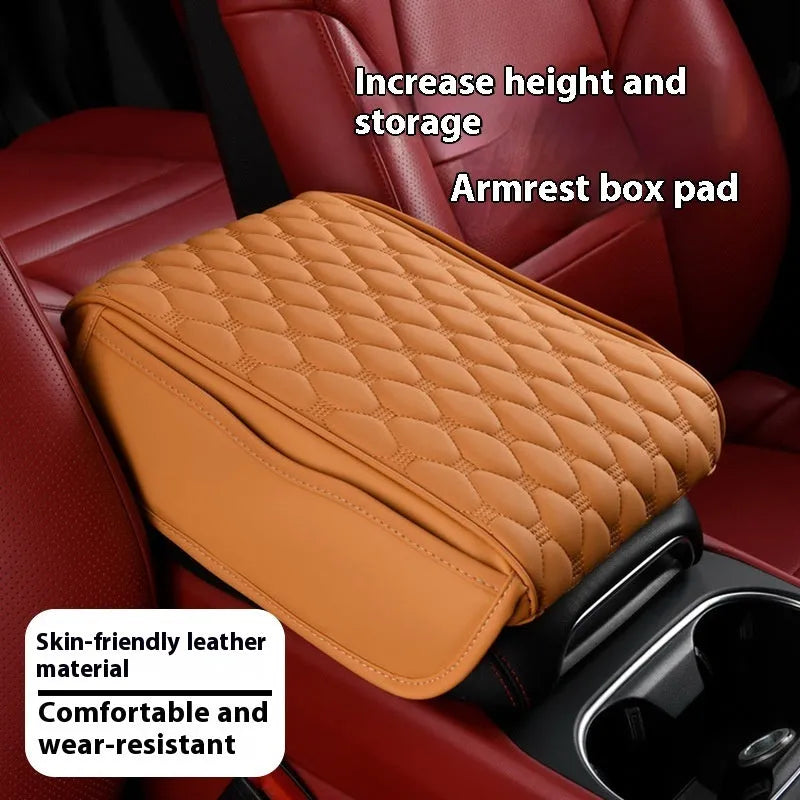 Leather car armrest box organiser in brown, measuring 32x22x5 cm for general vehicle models