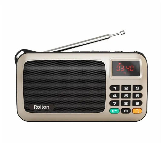 Rolton W405 portable FM radio and MP3 speaker in blue, showing LED screen and compact size