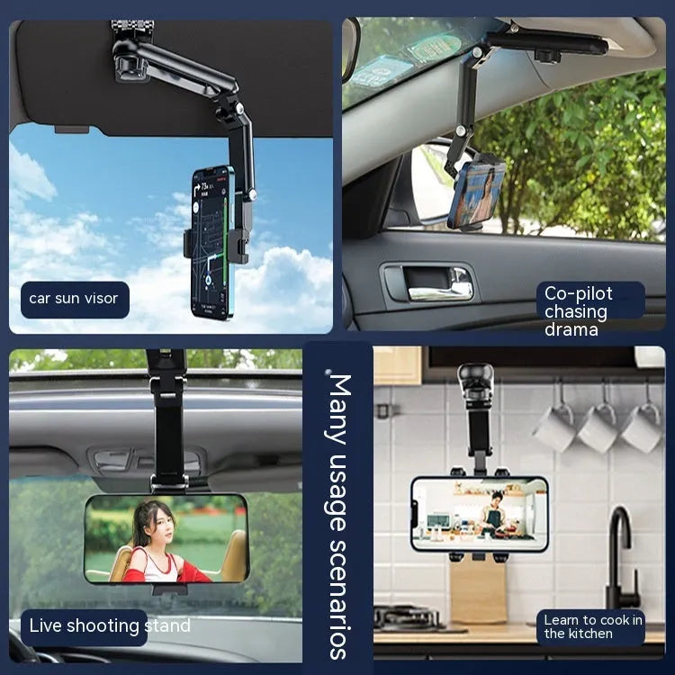 Black and green car mobile phone holder with clip-on mount and one-clip grip.