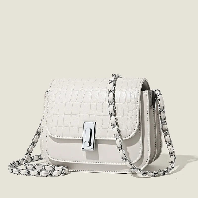 Soft black PU chain shoulder bag with sandwich pocket front and decorative sewing thread details