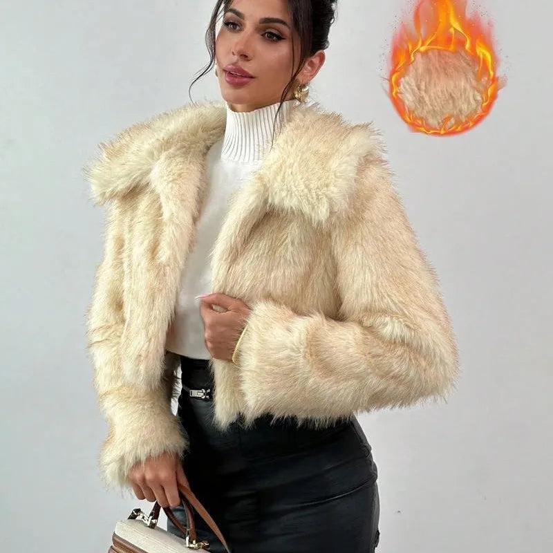 Women's artificial fox fur coat with thick collar in multiple colour options