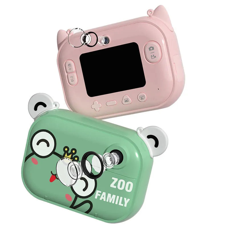 Blue HD digital camera with 2.4-inch screen alongside printing paper and accessories