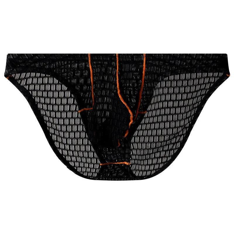 Men's low-waist lace briefs in ice silk fabric on a white background, shown in green colour.