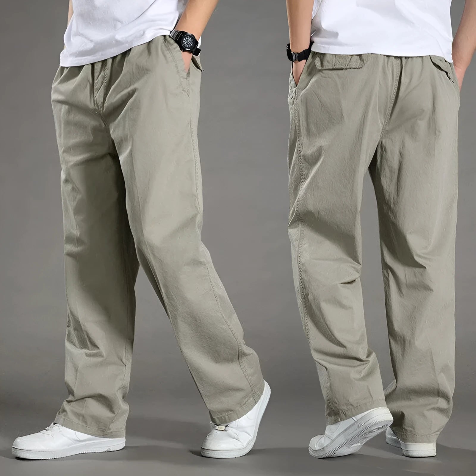 Men's cotton loose straight trousers zip placket workwear style, black colour, on model