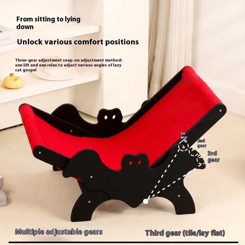 Wooden cat lounge chair with scratching posts and cage enclosure featuring a Halloween bat design in black and red.