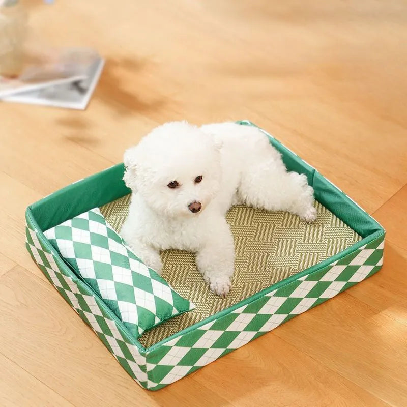 Blue rattan cooling mat cat bed for kittens and adult cats on a wooden floor.