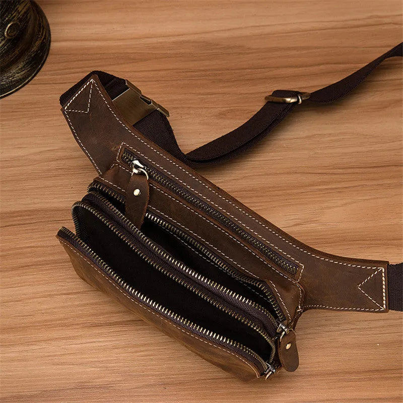 Brown cowhide men's sports waist bag with adjustable strap and internal phone pocket