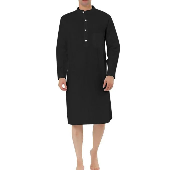 Men's button-front cotton robe in light blue with large patch pockets, shown in size medium.