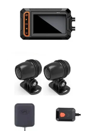 MT65 motorcycle camera with 3-inch display shown mounted on a bike armrest