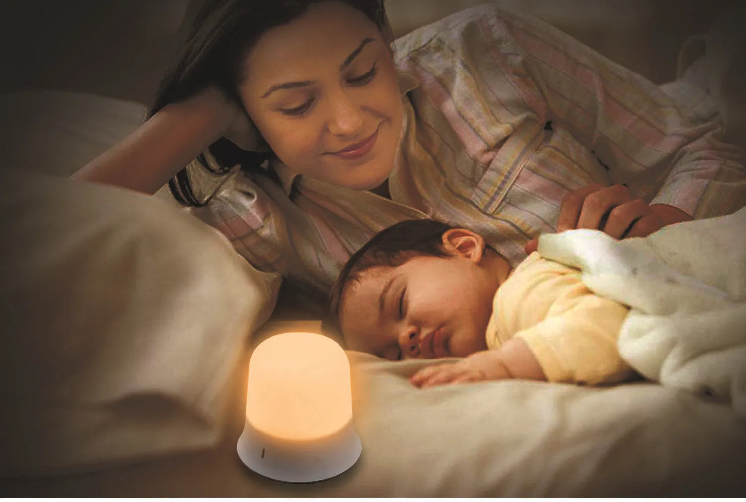 White touch-control bedside night light with motion sensor on a wooden table.