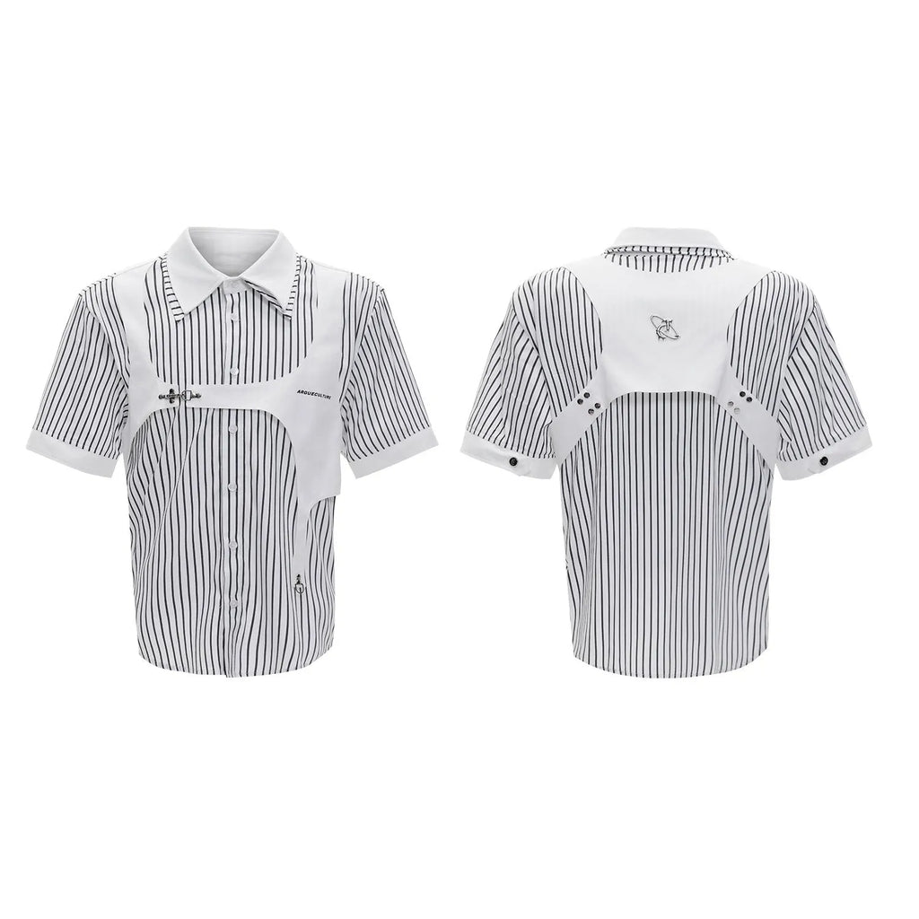 Men's black and white striped cotton shirt with double lapel collar design and short sleeves