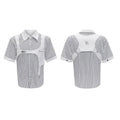 Men's black and white striped cotton shirt with double lapel collar design and short sleeves