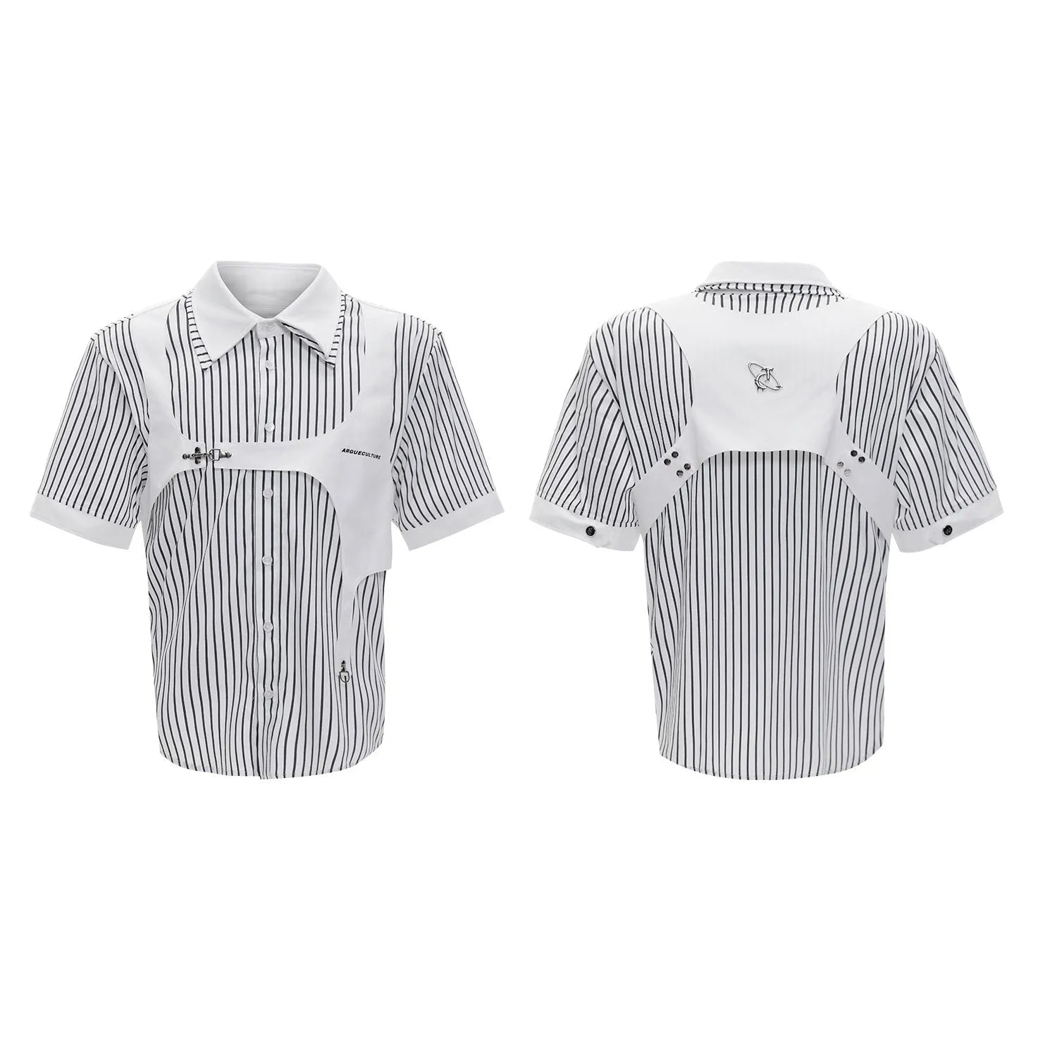 Men's black and white striped cotton shirt with double lapel collar design and short sleeves